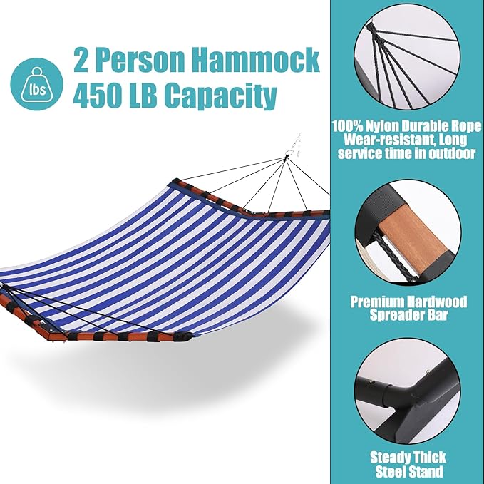 TegerDeger 12FT 2 Person Hammock Large Hammock Quick Dry 450LB Capacity with V Shaped Hardwood Spreader Bar & Nylon Rope for Outside, Patio, Garden, Backyard, Beach, Poolside - Blue Stripes