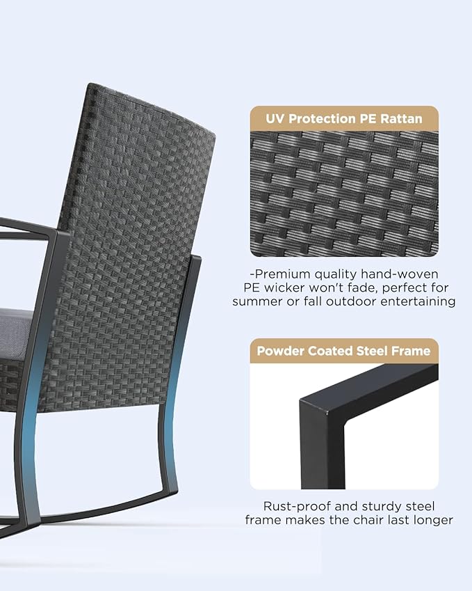 3 Pieces Outdoor Patio Furniture Set Rocking Bistro Set Outdoor Rattan Conversation with Coffee Table for Garden Balcony Backyard Poolside (Grey Cushion)