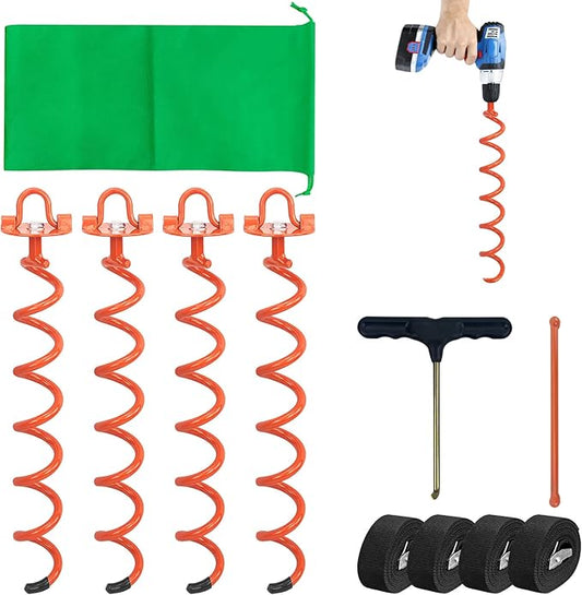 MIXXIDEA 17.5 Inch Gound Anchors Screw in, Metal Spiral Earth Anchors Kit, Heavy Duty Folding Ring Spiral Stake with Straps, Ground Stakes for Tent (Orange, 17.5 Inch with 92in Strap)