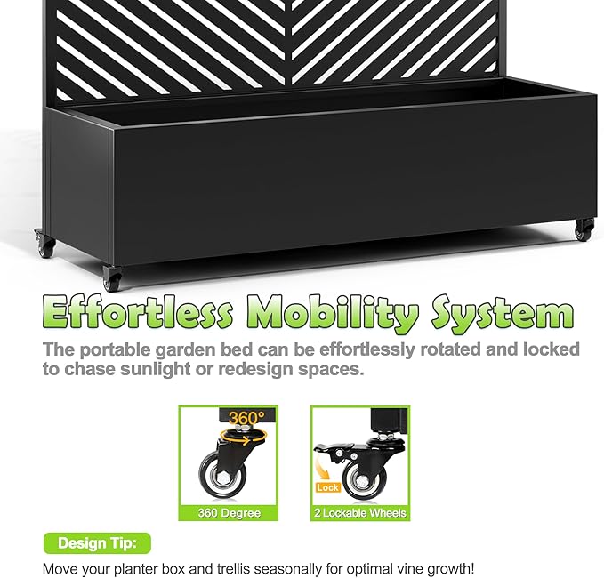 15.7"×70.9"×47.2" Metal Raised Garden Bed with Trellis and Wheels - Tall Trellis Planter Box for Climbing Plants, Vegetables & Vines - Outdoor Privacy Planters for Patio (Black-Parallel)