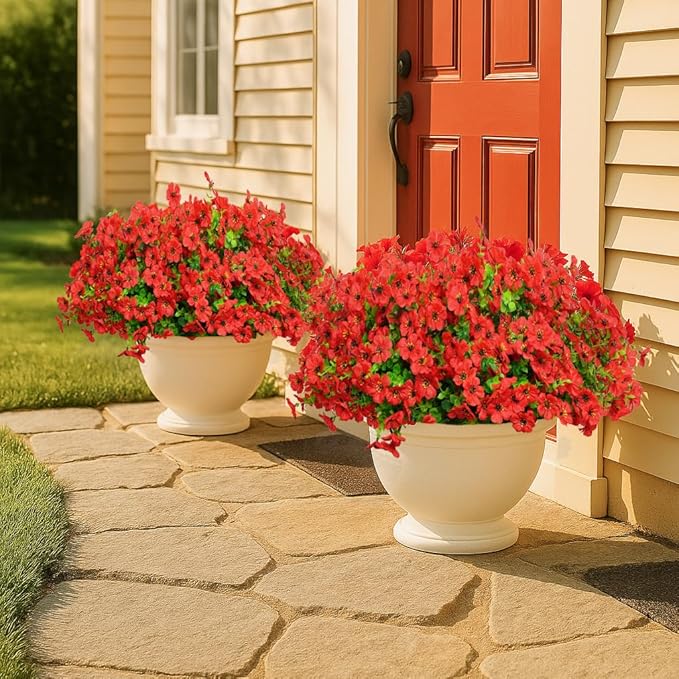 Artificial Flowers for Outdoors, 12 Bundles Outdoor Faux Plants,Uv Resistant Artificial Fake Flowers Plants, Realistic Spring Decor for Porch, Patio, Yard (Red)