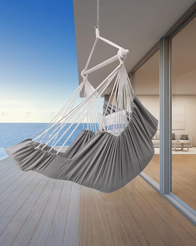 Miztli Hammock Chair Hanging Chair Swing for Bedroom with Foot Rest, Max 500 Lbs, Steel Spreader Bar with Anti-Slip Rings-2 Cushions Included-Indoor and Outdoor