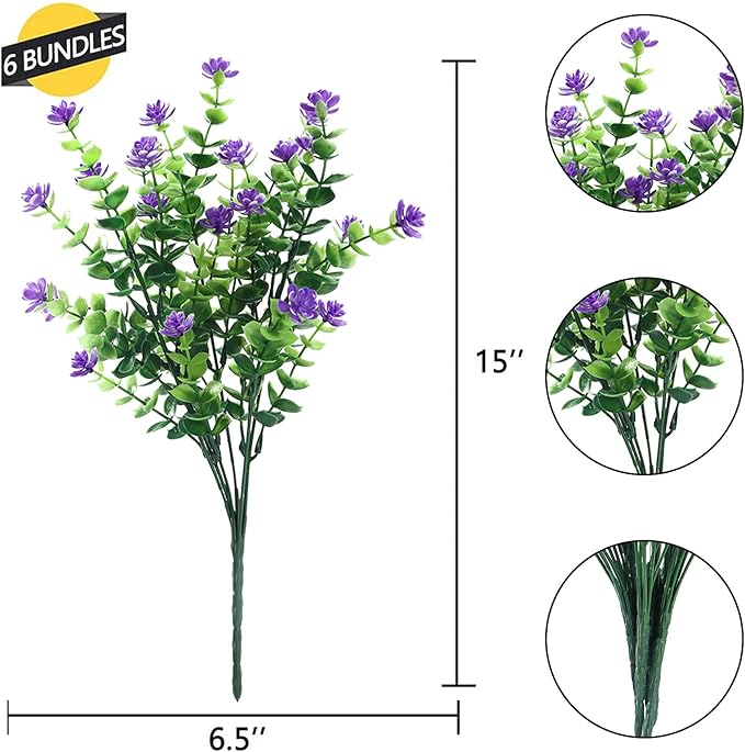 GREENRAIN Artificial Flowers Outdoor Fake Flowers for Decoration UV Resistant No Fade Faux Plastic Plants Garden Porch Window Box Décor (6 Bundles, 3#Purple)