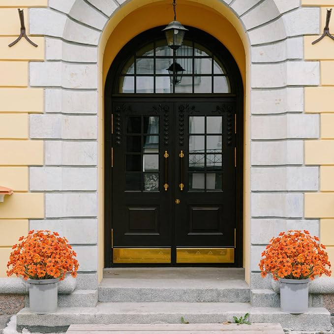 15 Bundles Artificial Flowers UV Resistant Outdoor Plants No Fade Faux Plastic Shrubs Fake Silk Flowers Window Box Garden Porch Home Decoration(Light Autumn Orange)