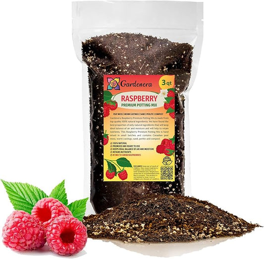 Gardenera Premium Raspberry Potting Soil Mix - Optimal Blend for Thriving and Juicy Berries - 3 Quart