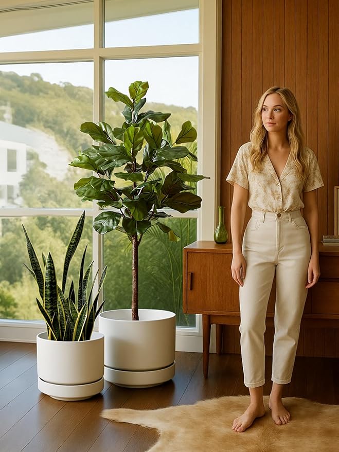 LE TAUCI Large 14 Inch Plant Pot with Saucer | Ceramic Outdoor & Indoor Big Planter Pot | Drainage Hole, Mesh Pad & Plug | Unglazed Porous | Modern Minimalist for Home and Patio – Chalk White