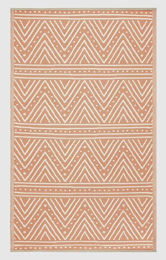 Fab Habitat Chevron Outdoor Rug - Waterproof, Fade Resistant, Crease-Free - Premium Recycled Plastic - Striped - Patio, Porch, Deck, Balcony - Patan - Coral - 5 x 8 ft