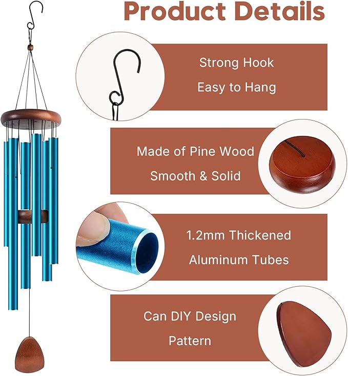 Aluminum Wind Chimes for Outdoor Garden and Yard with Soothing Deep Tones, Creates a Peaceful Ambiance with Sophisticated Wind Catcher, Ideal Calming Gift for Families (Blue, 37 Inches)