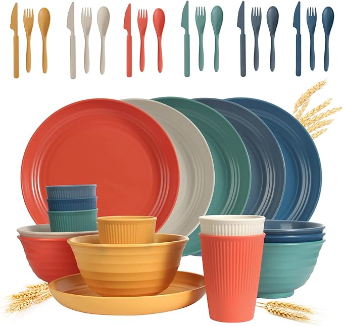 Wheat Straw Dinnerware Sets - SGAOFIEE 36 Piece Unbreakable Dinnerware Sets, Reusable Wheat Straw Plates and Bowls Sets, Travel Camping Cutlery Set, Dishwasher Microwave Safe Dinnerware Colourful