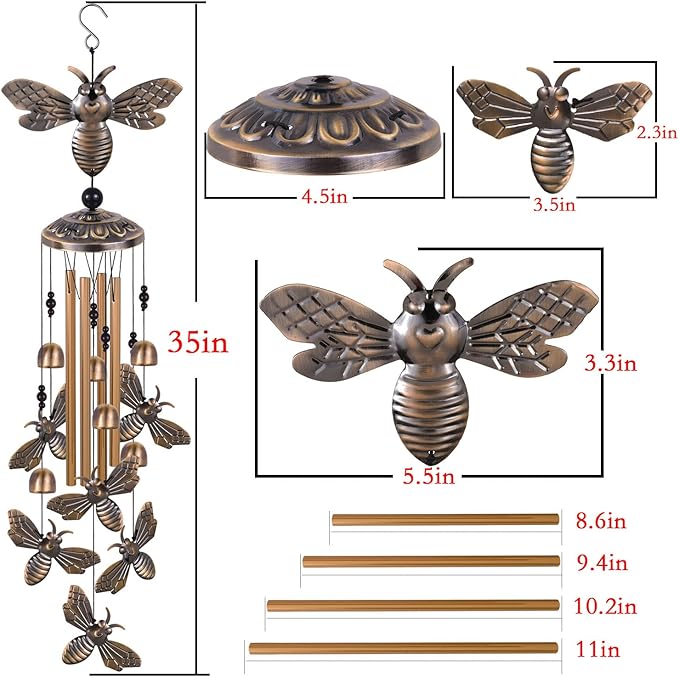 Bronze Bee Wind Chimes - Garden, Home & Patio, Balconies, Room, Indoor, Outdoor Decoration, Bee Decor, Outdoor Bees Wind Catcher, Memorial Wind Bells Gifts for Mom & Women