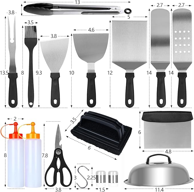 Griddle Accessories Kit for Blackstone and Camp Chef,Extra Thickened Stainless Steel Grill Accessories Set，Grill Tools Set with Enlarged Grill Spatula, Griddle Cover Salt and Pepper Shakers (23PCS)