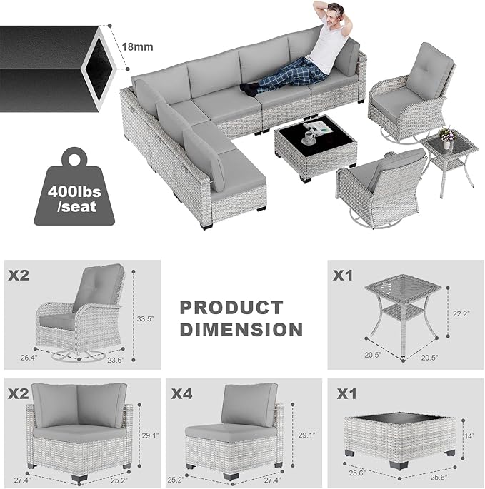 10-Piece Patio Furniture Set, Outdoor Patio Furniture with Swivel Chairs Set, Thick Cushions, Modular Patio Sofa, Dual-Strand Wicker Rattan, Rust-Resistant Frame, Grey