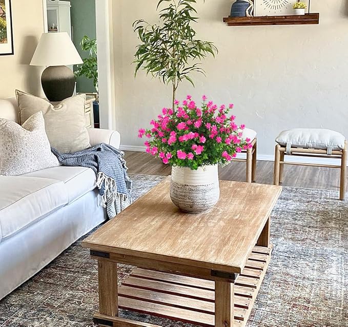 RECUTMS Artificial Flowers Outdoor Artificial Fake Flowers Fake Greenery Fake Plants Faux Outdoor Plastic Plants UV Resistant Shrubs Boxwood Plant Eucalyptus Hanging Basket Home Garden Decor (Pink)