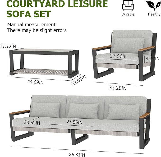 Aluminum Outdoor Patio Furniture Set 5 Seat, Patio Conversation Set with Durable Mesh Rope Weaving, Wide Armrests and Seats, Metal Sofa Set for Patio Grey