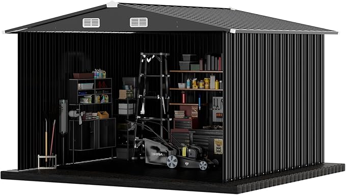 COMHOMA Shed Outdoor Storage Shed Metal,Lockable Doors Tool Sheds with Sloping Roof,Steel Garden Shed with Air Vent for Backyard,Patio,Lawn,Poolside (Grey, 10'*12')