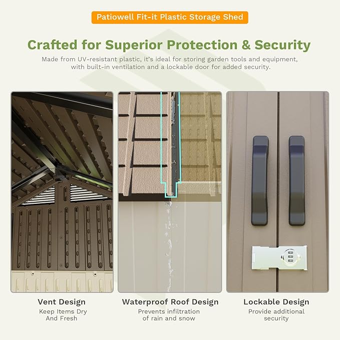 Patiowell 8 x 6 FT Plastic Outdoor Storage Shed with Floor, Resin Shed with Window and Lockable Door for Garden, Backyard, Tool Storage Use, Easy to Install in Brown (Kick-it Shed)