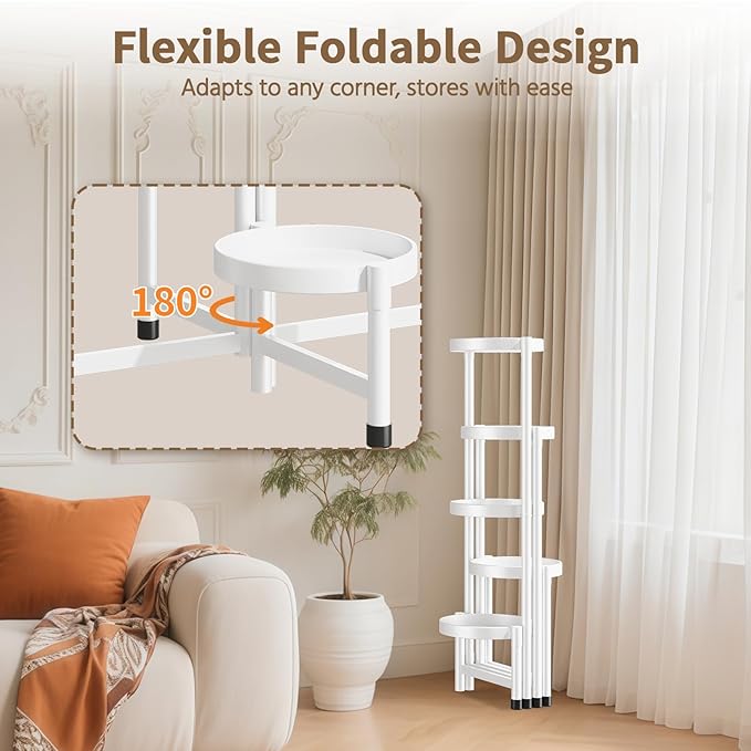 LASZOLA 5 Tiered Folding Plant Stand Indoor for Multiple Large Planter, Tall Heavy Duty Adjustable Rack with Rust Proof 10 Inch Wide Tray, Sturdy Vertical Tree Organizer for Narrow Inside Floor, White