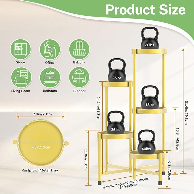 iDavosic.ly Plant Stand Indoor Outdoor, 5 Tier Corner Metal Flower Display Holder Shelf, Folding Tall Orchid Rack for Patio Balcony Porch Garden Living Room House, Gold