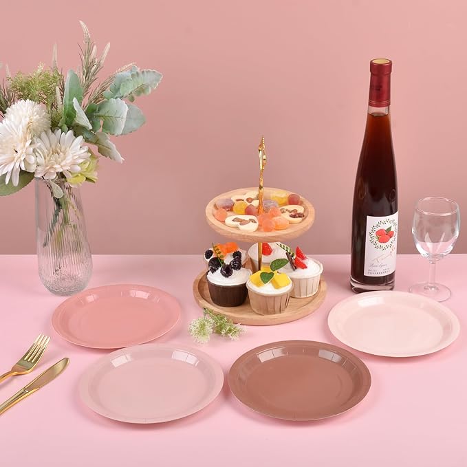 Dusty Pink Paper Plates 7Inch Gradient Pink Party Plates 4 Colors Disposable Round Dessert Plates for Coquette Birthday Wedding Bridal Shower Party Supplies (24)