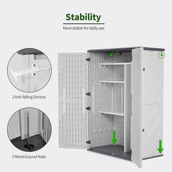 Macrout 50 Cu.Ft Plastic Outdoor Storage Cabinet with Shelves, 4.3 x 2.5 ft Waterproof Resin Outdoor Storage Shed with Floor, Lockable Vertical Shed for Garden and Patio