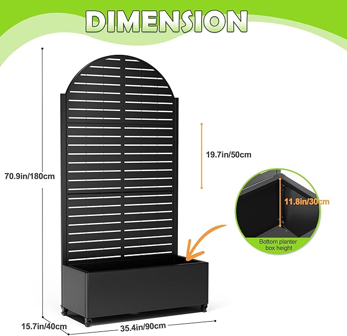 15.7"×70.9"×35.4" Metal Raised Garden Bed with Trellis and Wheels - Tall Trellis Planter Box for Climbing Plants, Vegetables & Vines - Outdoor Privacy Planters for Patio (Black-Louvered)