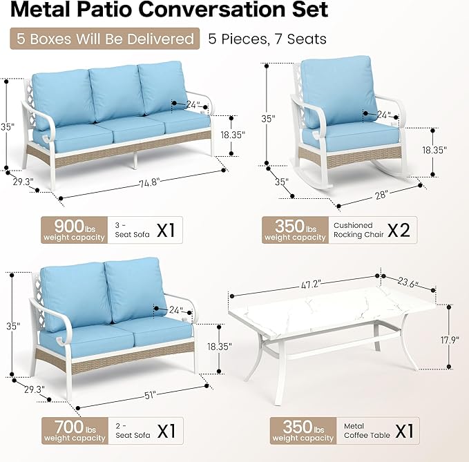 6 Piece Metal Outdoor Patio Furniture Set, Patio Conversations Set 3-Seater Sofa, 2-Seater Sofa, 2 Rocking Chair with 5.75" Thick Cushion & Coffee Table White Backyard Furniture, Blue