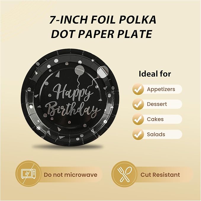 75PCS Happy Birthday Paper Plates - 7 Inch Black Sliver Dot Paper Plates and 6.5 Inch Napkins with 6.3 Inch Sliver Forks Disposable Tableware Set for Birthday Party Decorations, Serve 25