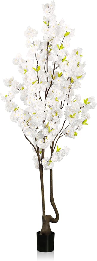 Faux White Cherry Blossom Tree 7ft(84in) Tall Artificial Plant Indoor Decor Handmade Natural Fake White Flower Tree for Wedding Realistic Cherry Plant in Pot for Home Living Room,Office,Outdoor Decor.