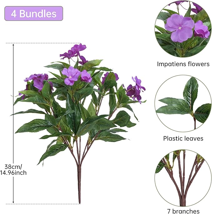 4Pcs Artificial Impatiens Flowers for Outdoors Purple Faux Silk Flowers Outdoor Artificial Impatiens Bush Bouquet Fake Plants for Patio Lawn Garden Hanging Basket Porch Decor