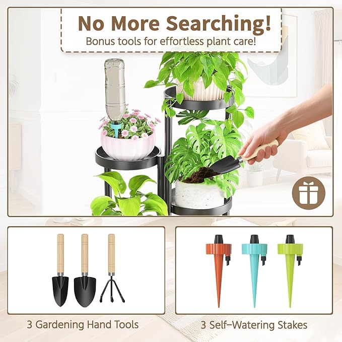 LASZOLA 5 Tiered Folding Tall Plant Stand Indoor for Multiple Large Planter, Heavy Duty Metal Adjustable Flower Rack for Narrow Corner, Sturdy Vertical Spiral Shelving Holder for Modern House, Black