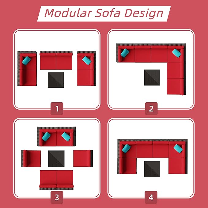 Shintenchi 7 Pieces Patio Furniture Sets Outdoor All-Weather Sectional Patio Sofa Set PE Rattan Manual Weaving Wicker Patio Conversation Set with Glass Table&Ottoman Cushion and Red Pillows, Red