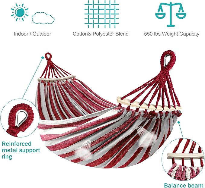 MOSFiATA Hammocks Portable Camping Hammock Upgraded 550lb Thickened Fabric Single Hammocks with Two Anti Roll Balance Beam and Tree Straps for Camping, Patio, Backyard, Outdoor(Red White)