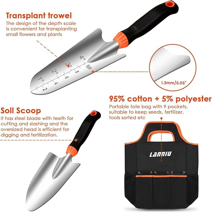 Garden Tool Set, 9 Piece Stainless Steel Heavy Duty Gardening Tool Set, with Non-Slip Rubber Grip, Storage Pocket, Ideal Gardening Gifts for Men