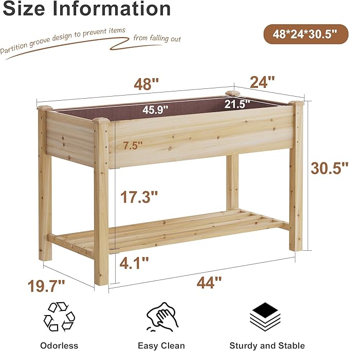 FILWH Raised Garden Bed with Legs Elevated Wooden Planter Box Stand Large Planter Stand Box for Fruits Vegetables Flowers with Divider with Bag - 48 * 24 * 30.5IN