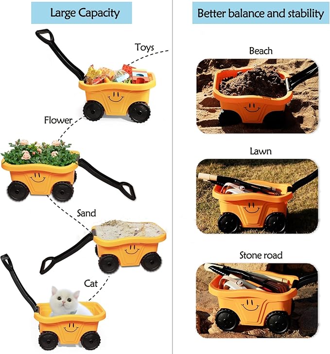 Kids Wagon with Beach and Garden Tools Set, Kids Shovel for Digging, Rake, 8PCS Gardening Outdoor Toys for Ages 3-4