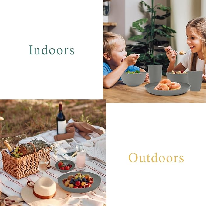 Wrova Wheat straw plates and bowls sets of 16 - Unbreakable wheat straw dinnerware sets for party - Alternative plastic dinnerware set for camping,party and R.V. Grey