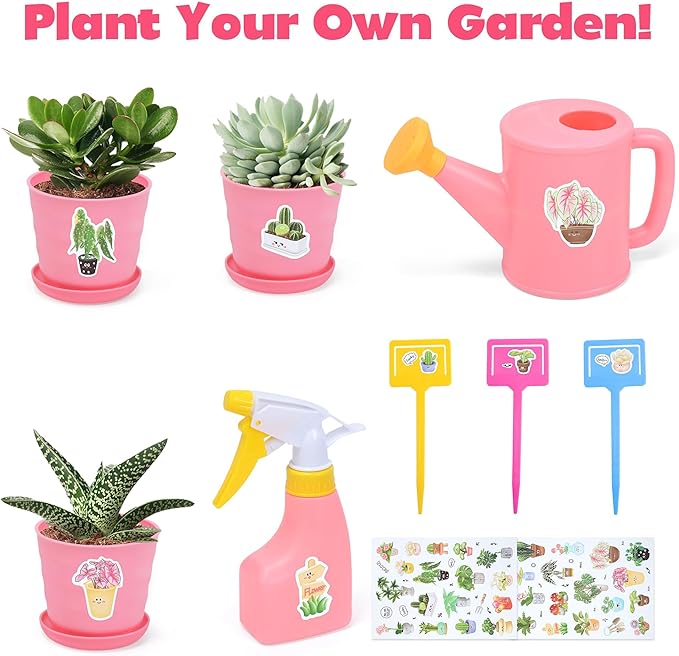 CUTE STONE Kids Gardening Set, Garden Toys with Metal Kids Rake, Shovel, Trowel, Watering Can, Gloves, Tote Bag, Gardening Kit for Toddlers, Outdoor Playset Spring Summer Toys for Girls Boys