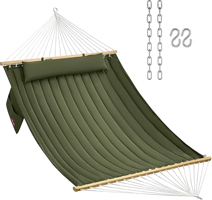 Double Quilted Fabric Hammock with Hardwood Spreader Bars and Pillow 450 LBS Capacity 2 Person Large Hammock for Outdoor Patio Backyard Poolside - Green
