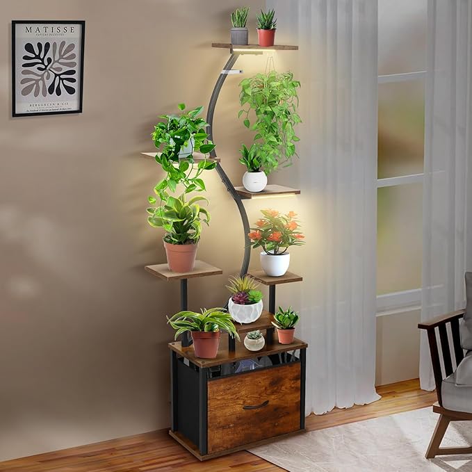 8 Tiered Plant Stand Indoor with Grow Lights, 62 Inch Tall Corner Plant Shelf for Indoor Plants, Metal Plant Rack with Stability Upgrade for Living Room, Patio, Balcony