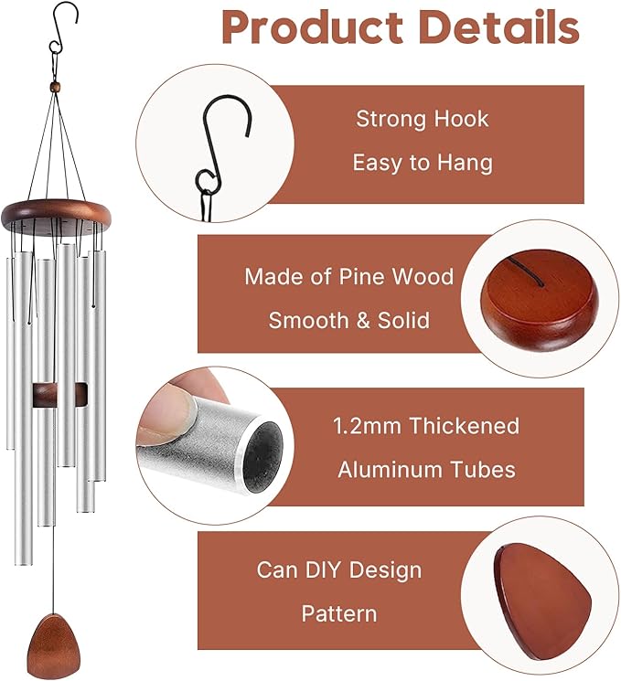 Aluminum Wind Chimes for Outdoor Garden and Yard with Soothing Deep Tones, Creates a Peaceful Ambiance with Sophisticated Wind Catcher, Ideal Calming Gift for Families (Silver, 37 Inches)