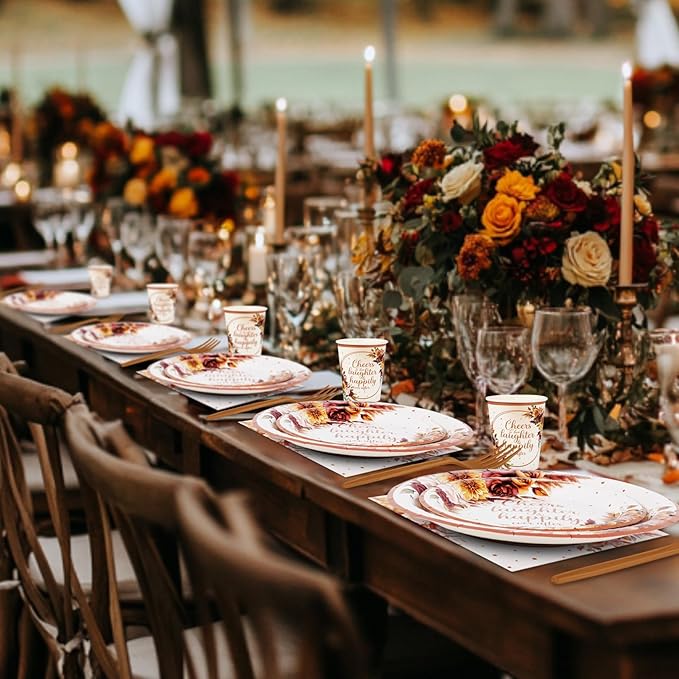 350 Pcs Boho Fall Wedding Bridal Shower Paper Plate Autumn Vintage Rose Pampas Grass Disposable Tableware Set With Knives Fork Cheers to Love Bachelorette Party Favor for 50 Guest