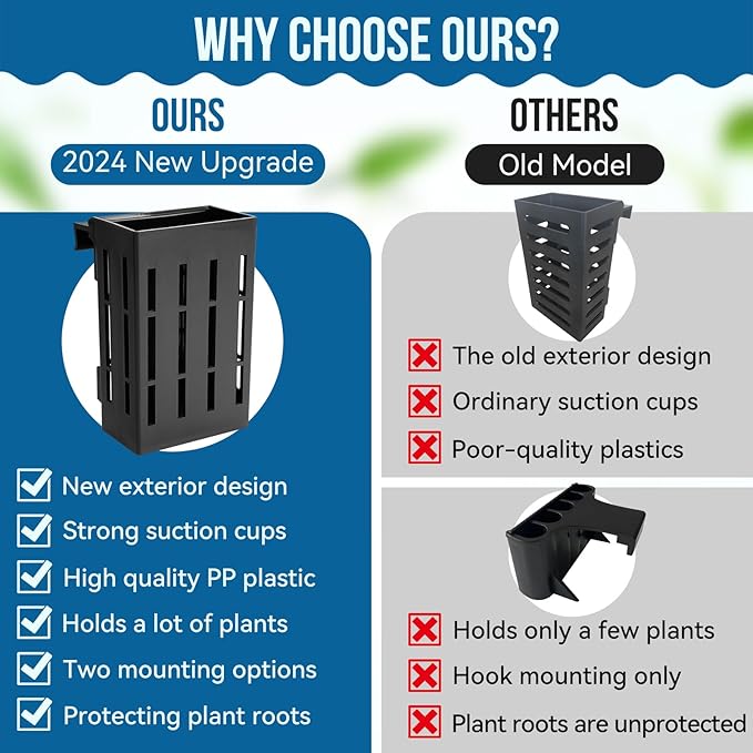 Upgraded Large Aquarium Plant Holder with Hooks and Suction Cups for Fish Tank Aquaponic Plant Cultivation and Aquascape Decorations (Black)