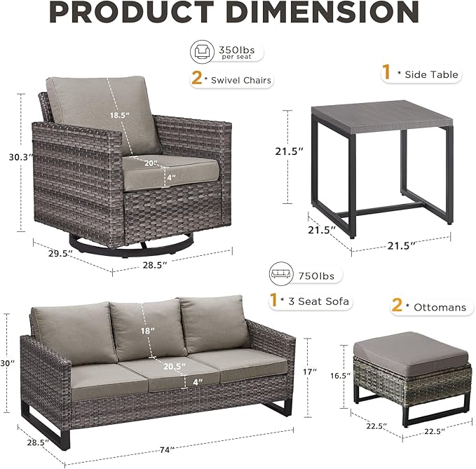 6 Pieces Patio Furniture Set-All Weather Outdoor Swivel Rocker Patio Chairs with Deep Seat Sofa Ottomans and Glass Side Table, Outdoor Conversation Sets for Garden Backyard Deck(Grey/Grey)