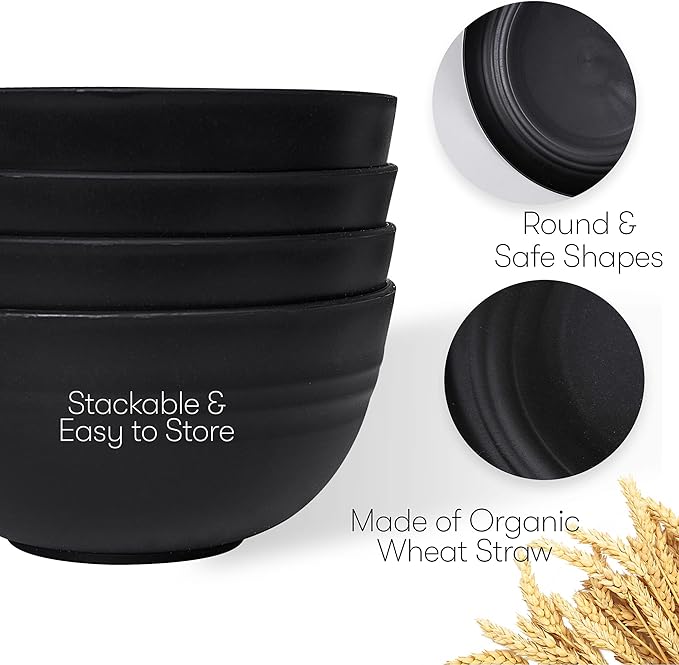 Wheat Straw Dinnerware Sets | Unbreakable Dinnerware Sets | Dishwasher Microwave Safe Dinnerware | Eco Friendly Non Breakable Dinnerware Sets | RV Outdoor Camping (Black, Service for 4 (16 pcs))