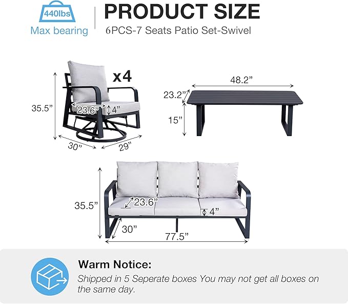 6 Piece Aluminum Patio Set with Swivel Rocking Chairs，All-Weather Outdoor Sofa, Deck Porch Furniture (Dark Grey)