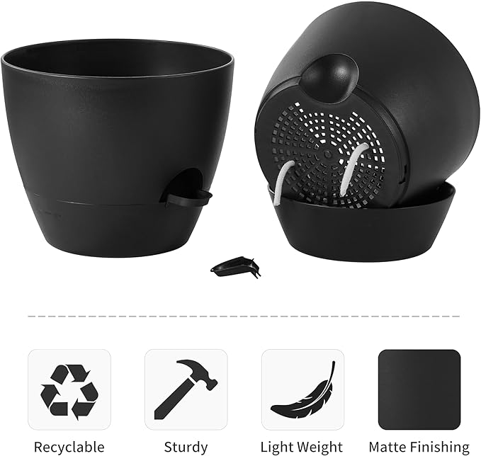 FaithLand 3-Pack Planter Pots, 10 9 8 Inch Self Watering Flower Pots for Indoor Outdoor Garden Plants, Black