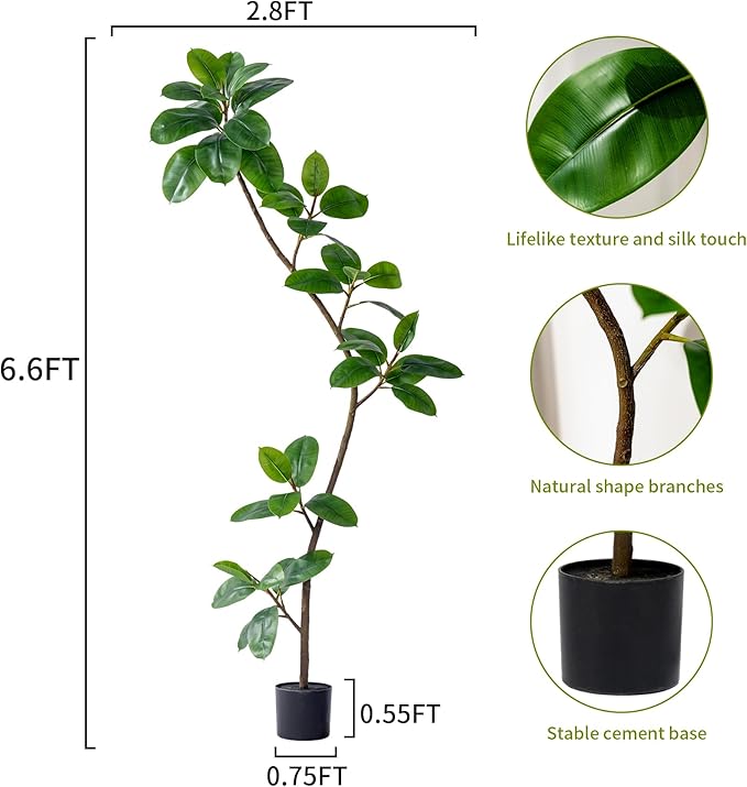 6.6ft Artificial Rubber Tree Faux Plants Indoor Faux Floor Artificial Trees Indoor,Fake Plant Fake Tropical Plants,Large Floor,Real Touch Rubber Tree for Home Decor