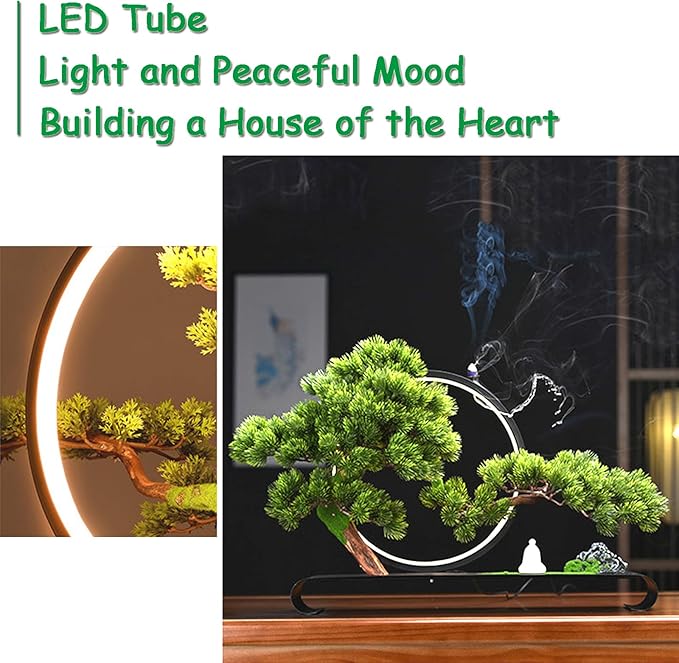 Zen Artificial Tree with Lamp Rings, Realistic Simulation Bonsai, Welcome Pine Faux Potted with Backflow Incense, Artificial Bonsai for Home Office Garden Patio Farmhouse Decoration (Pines)