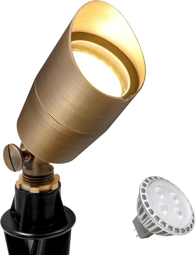 GKOLED Solid Brass Low Voltage Compact Spotlight, 12V AC/DC Waterproof Outdoor Landscape Spot Lights for House Trees Garden Yard Lawn, Up Light with 5W 2700K MR16 Bulb, Stake Included