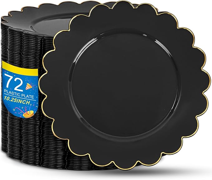 SUT 72 PCS Black Plates,Black Plastic Plates with Gold Rim, Plates Disposable Heavy Duty, 10.25 inch Plastic Dinner Plates, Black Disposable Plates for Party,New Year,Halloween
